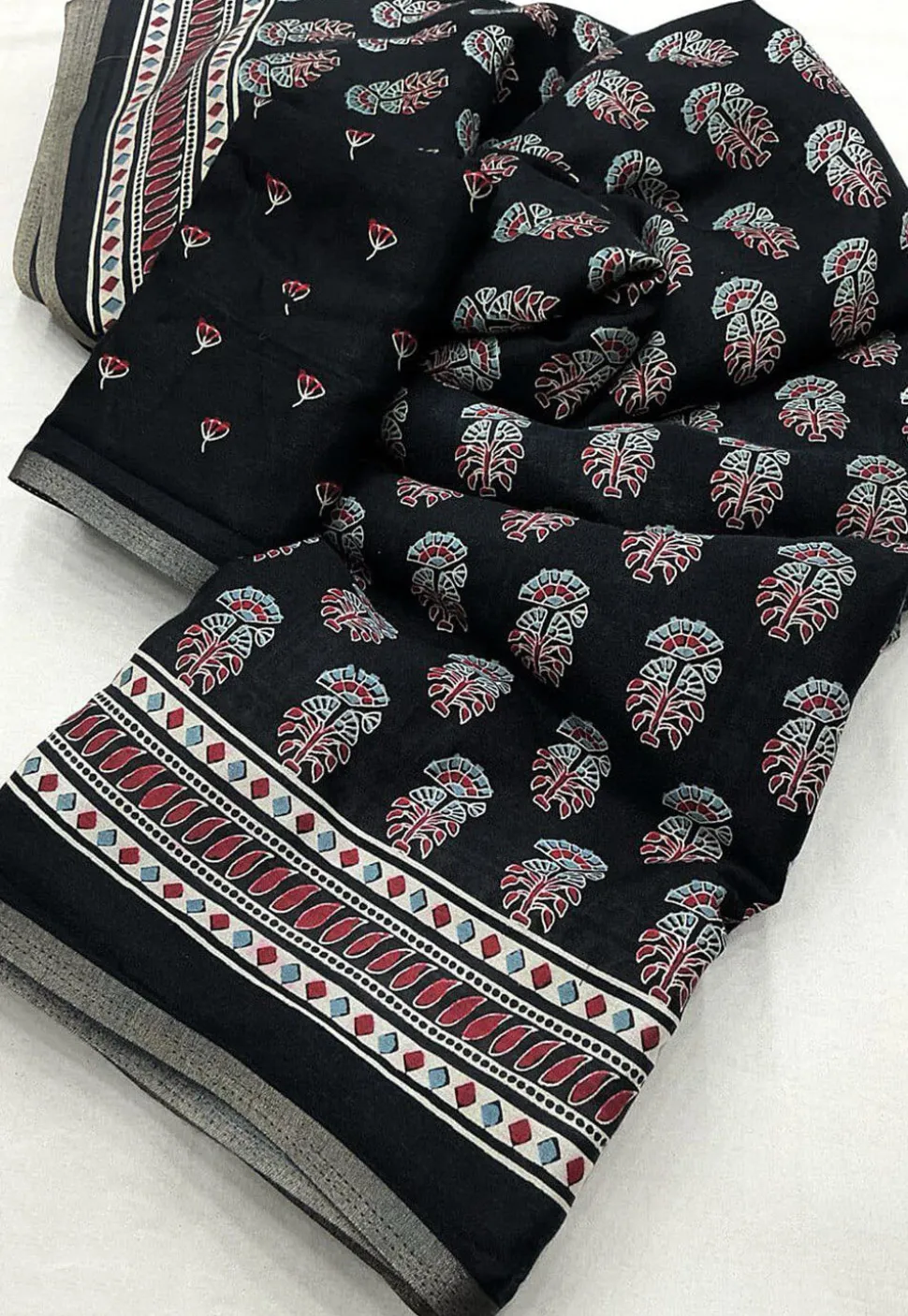 Ajrakh Printed Crepe Saree in Black