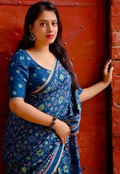 Ajrakh Printed Crepe Saree in Teal Blue