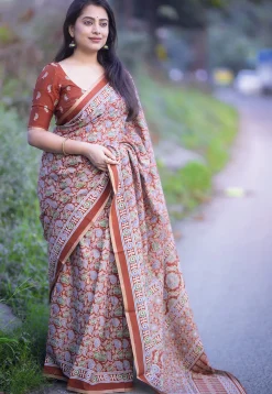 Ajrakh Printed Crepe Saree in Brown