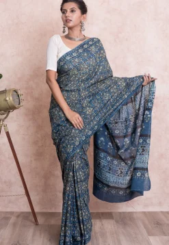 Ajrakh Printed Pure Cotton Saree in Blue
