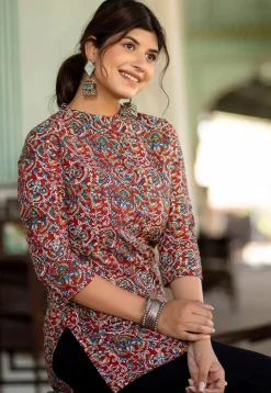 Ajrakh Printed Pure Cotton Tunic in Maroon