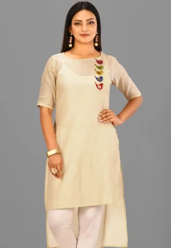 Appliqued Cotton Chanderi High Low Kurta in Light Beige
