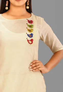 Appliqued Cotton Chanderi High Low Kurta in Light Beige