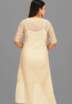 Appliqued Cotton Chanderi High Low Kurta in Light Beige