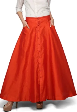 Art Dupion Silk Long Skirt In Orange