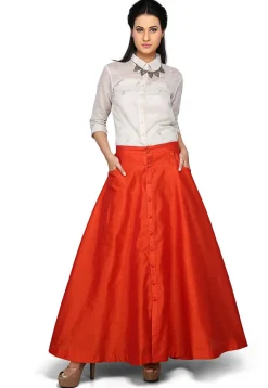 Art Dupion Silk Long Skirt In Orange