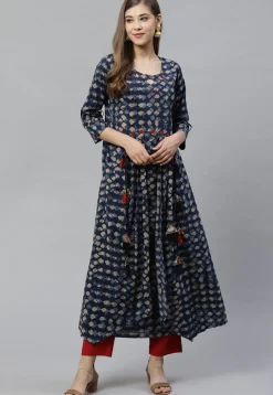 Bagru Printed Cotton Asymmetric Kurta in Navy Blue