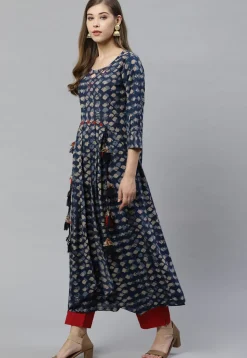 Bagru Printed Cotton Asymmetric Kurta in Navy Blue
