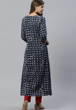 Bagru Printed Cotton Asymmetric Kurta in Navy Blue