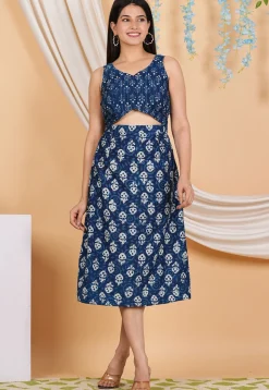 Bagru Printed Cotton Cutout Waist Dress in Indigo Blue