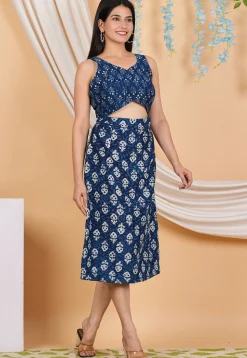 Bagru Printed Cotton Cutout Waist Dress in Indigo Blue