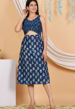 Bagru Printed Cotton Cutout Waist Dress in Indigo Blue