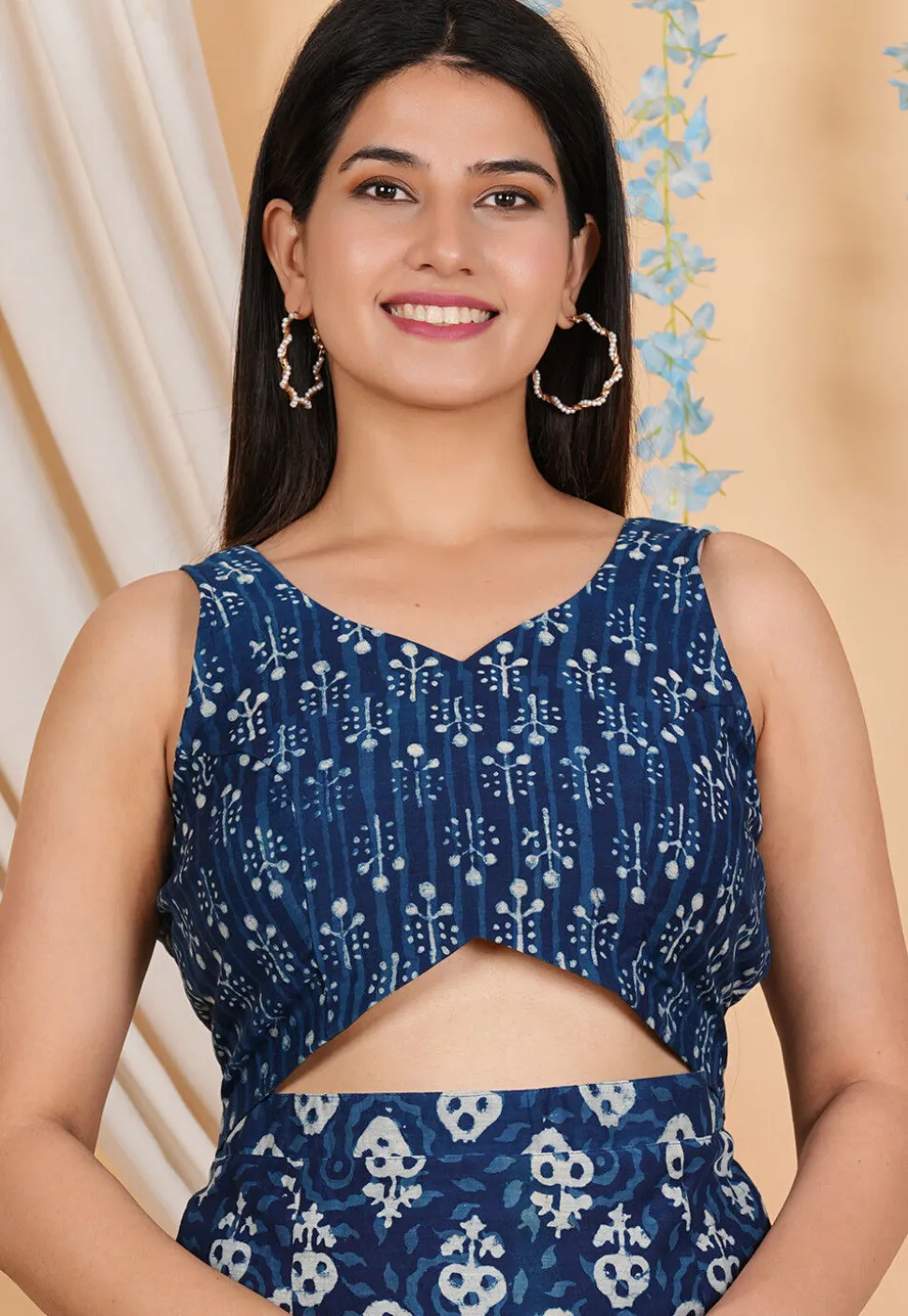 Bagru Printed Cotton Cutout Waist Dress in Indigo Blue
