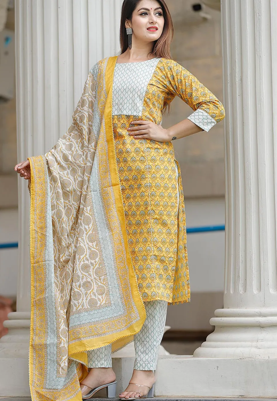 Bagru Printed Cotton Pakistani Suit in Yellow