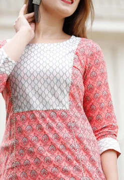 Bagru Printed Cotton Pakistani Suit in Coral Pink