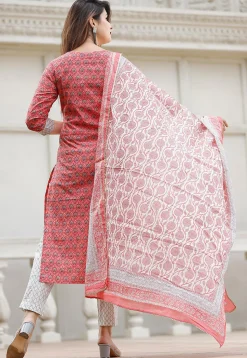 Bagru Printed Cotton Pakistani Suit in Coral Pink