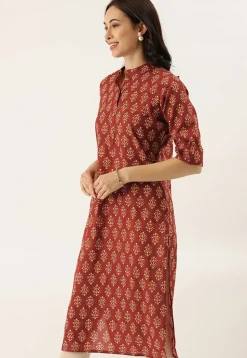 Bagru Printed Cotton Straight Kurta in Maroon