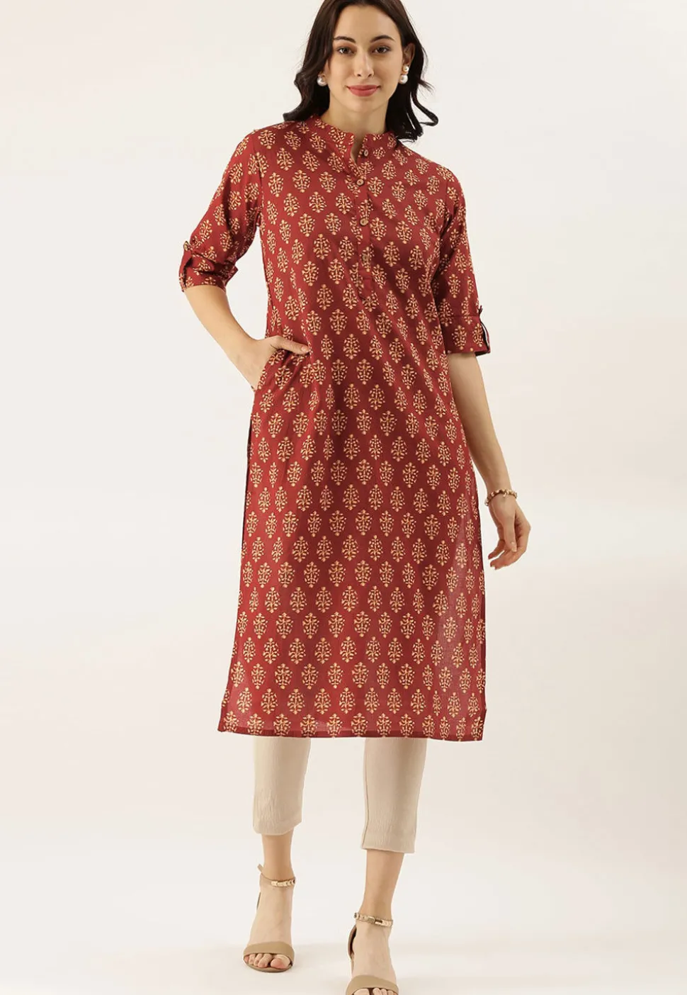 Bagru Printed Cotton Straight Kurta in Maroon