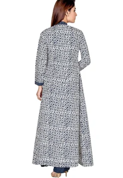 Bagru Printed Pure Cotton Tiered Gown in Navy Blue