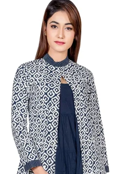 Bagru Printed Pure Cotton Tiered Gown in Navy Blue