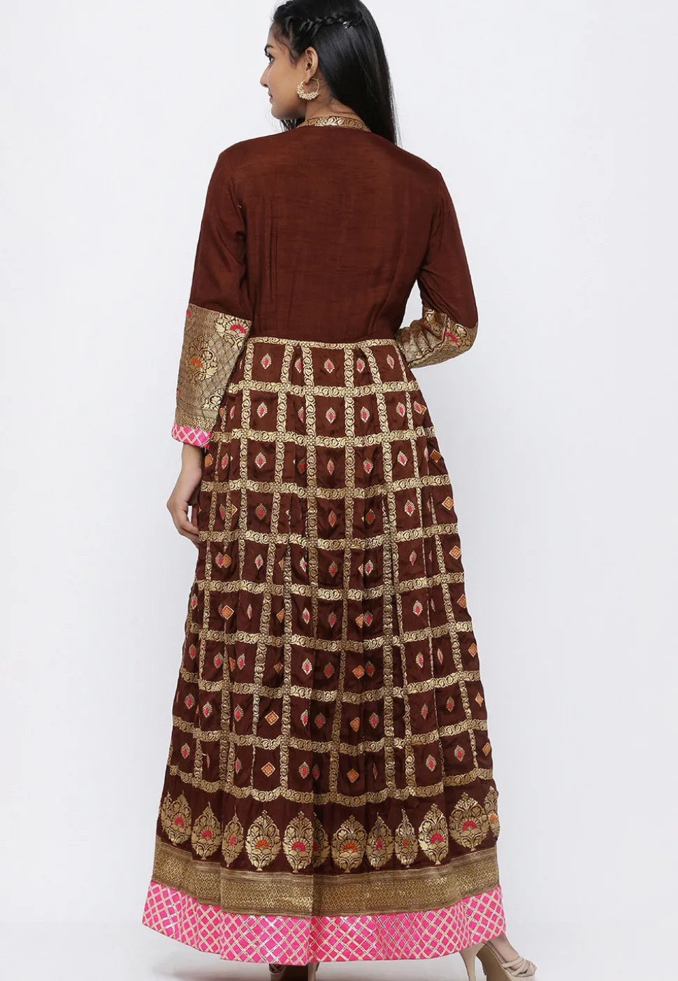 Banarasi Abaya Style Suit in Dark Brown