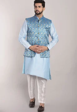 Banarasi Brocade Nehru Jacket in Light Blue