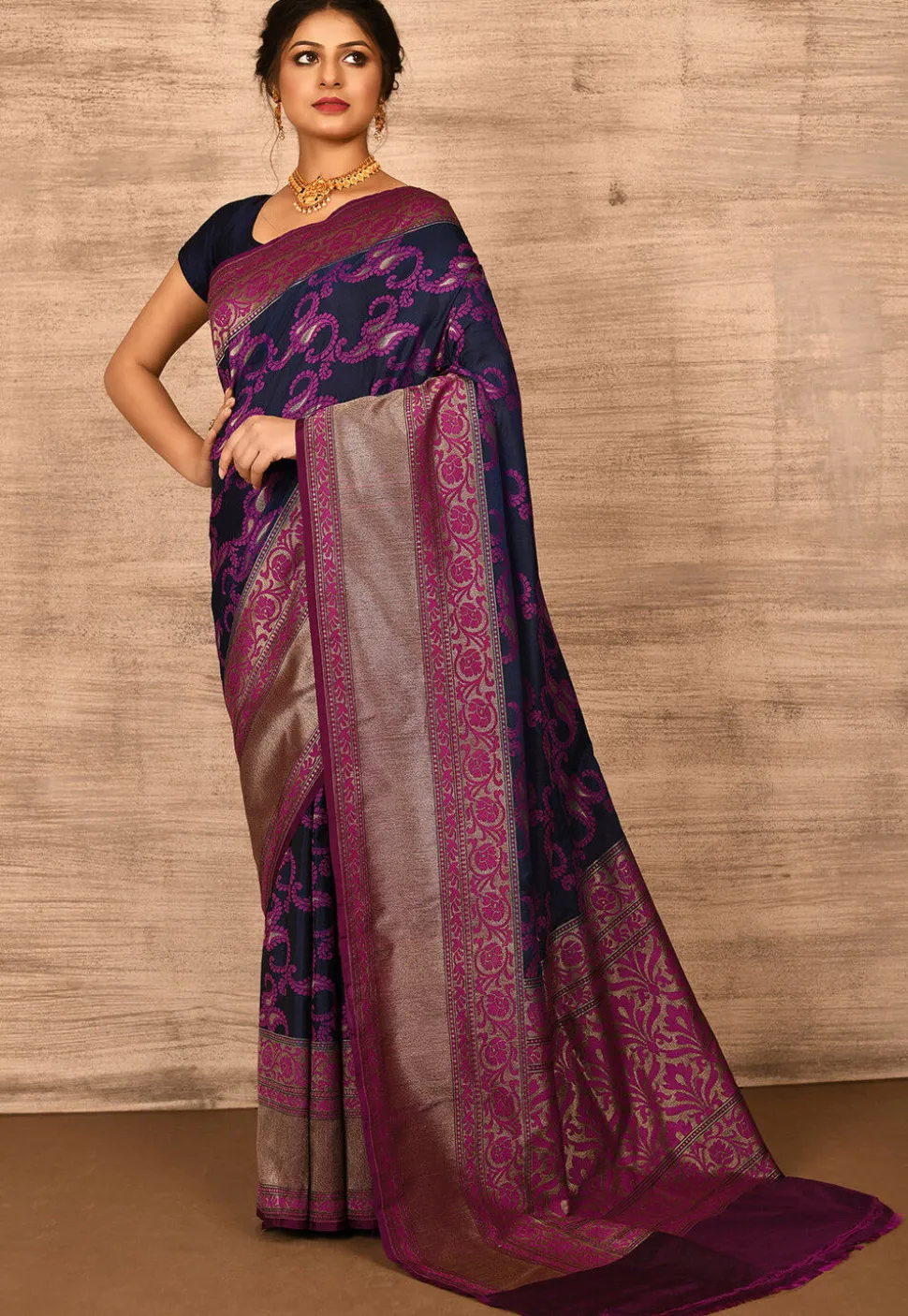 Banarasi Katan Silk Saree in Dark Blue