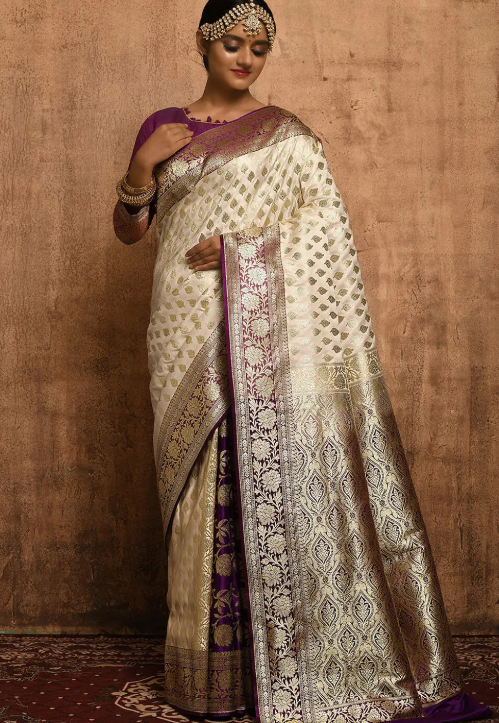 Banarasi Katan Silk Saree in Off White and Purple