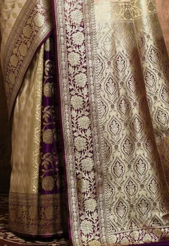 Banarasi Katan Silk Saree in Off White and Purple