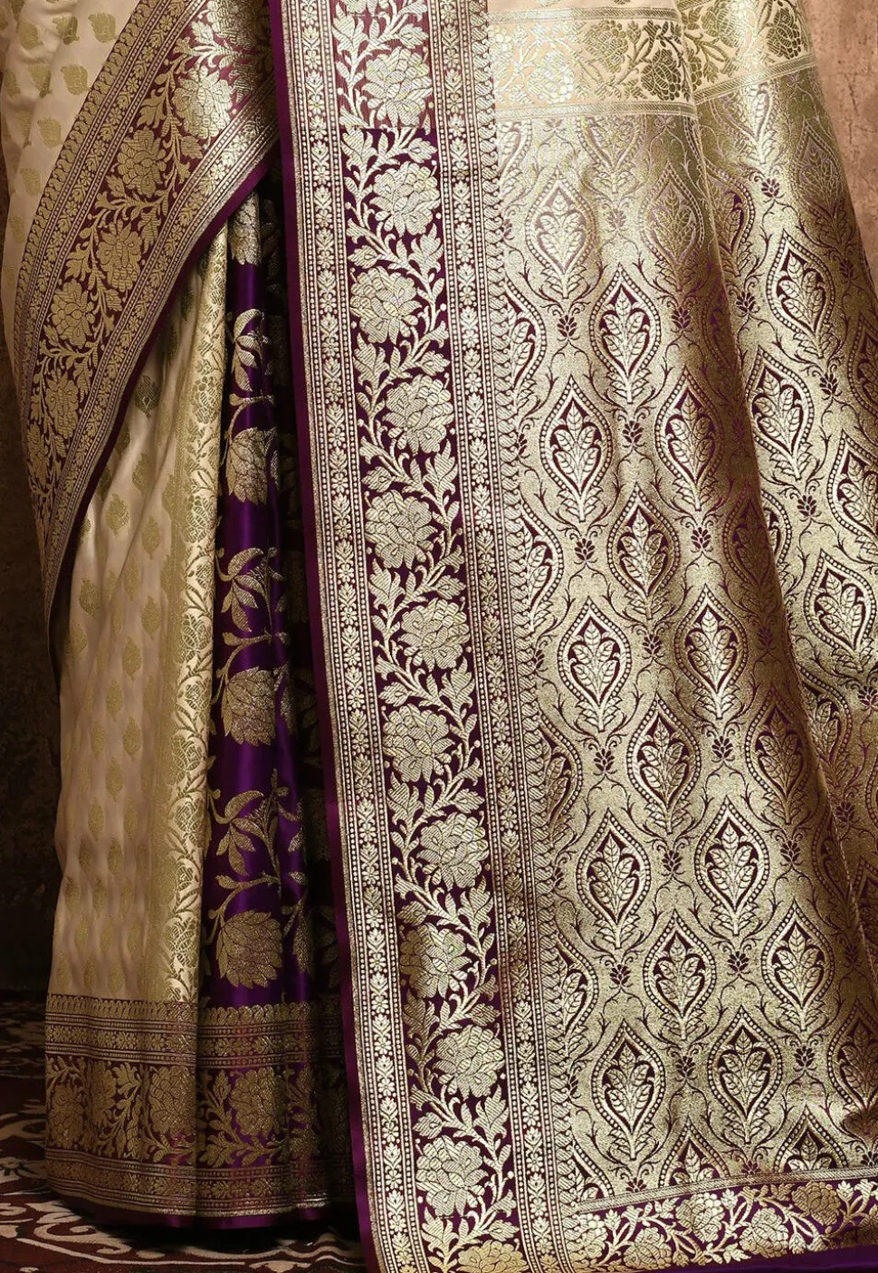 Banarasi Katan Silk Saree in Off White and Purple