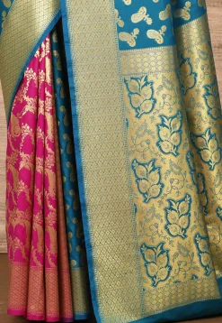 Banarasi Katan Silk Saree in Blue and Fuchsia