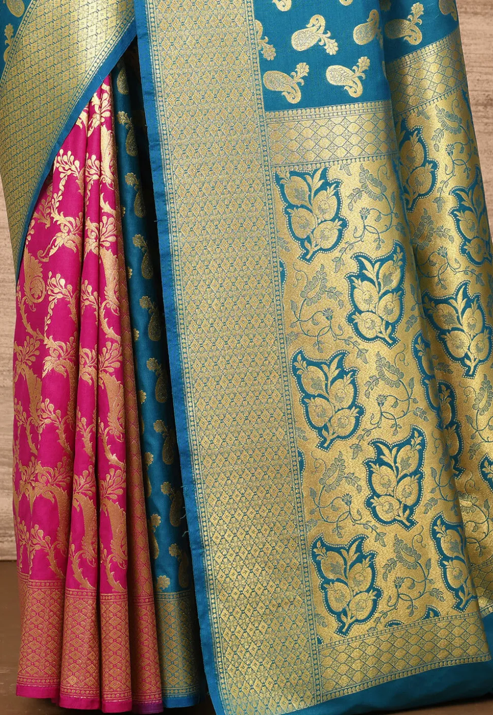 Banarasi Katan Silk Saree in Blue and Fuchsia