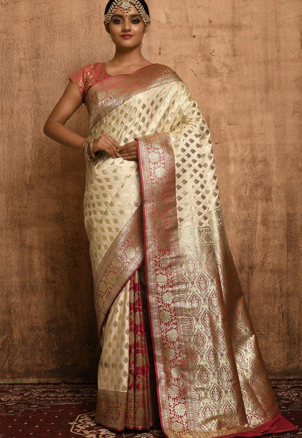Banarasi Katan Silk Saree in Off White and Red