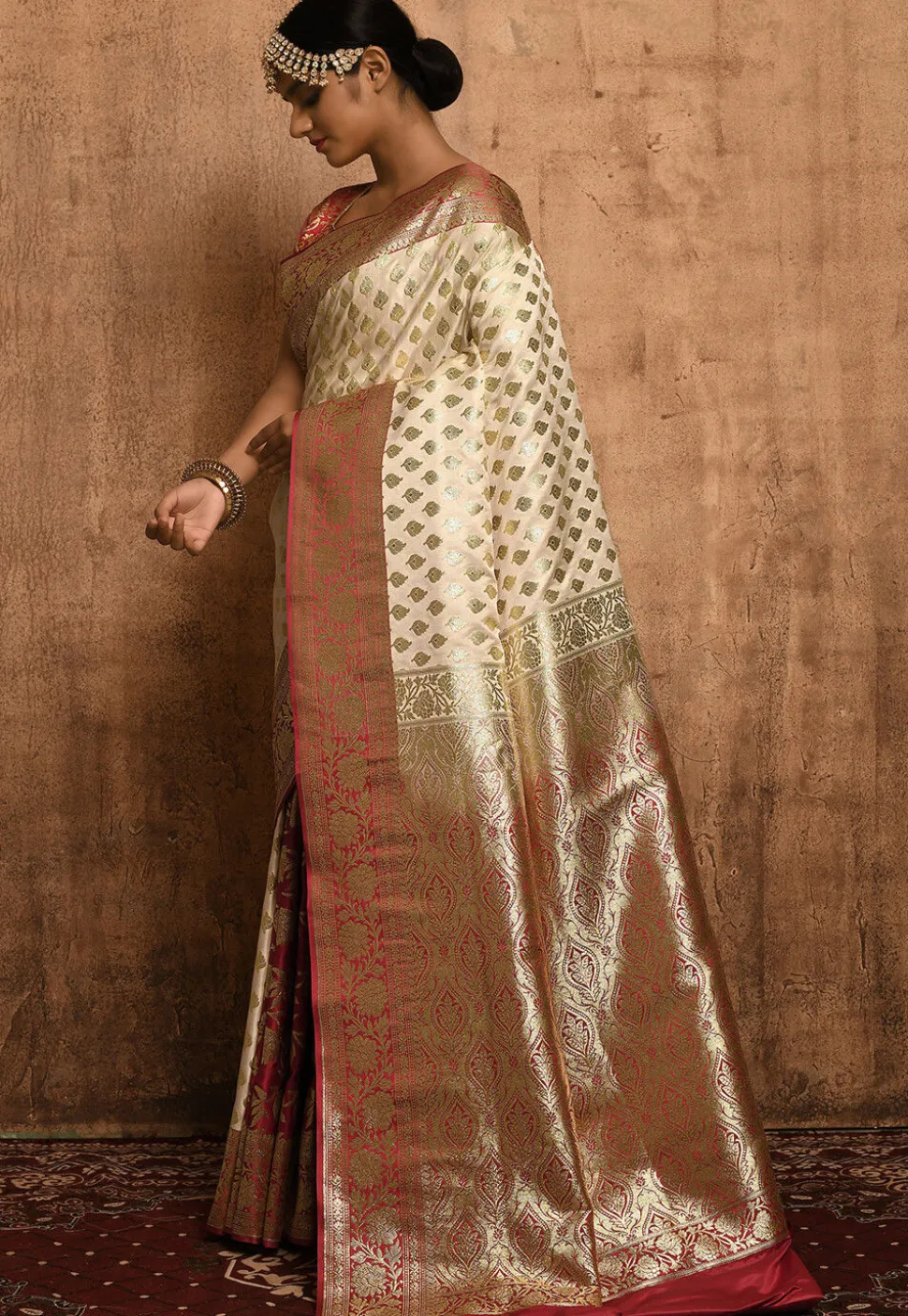 Banarasi Katan Silk Saree in Off White and Red