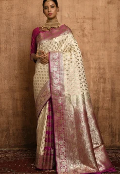 Banarasi Katan Silk Saree in Off White and Magenta