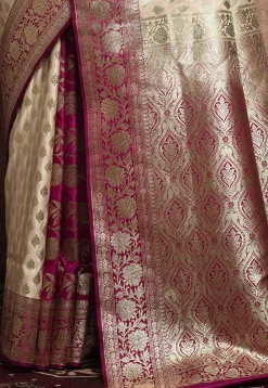 Banarasi Katan Silk Saree in Off White and Magenta