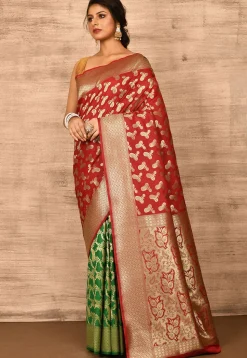 Banarasi Katan Silk Saree in Red and Green