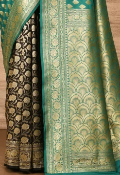 Banarasi Katan Silk Saree in Teal Green and Black