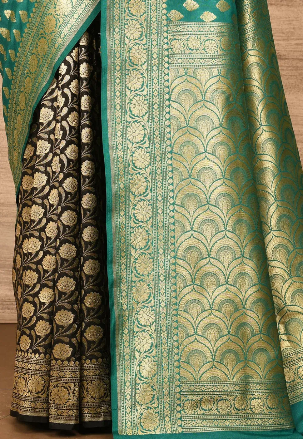 Banarasi Katan Silk Saree in Teal Green and Black