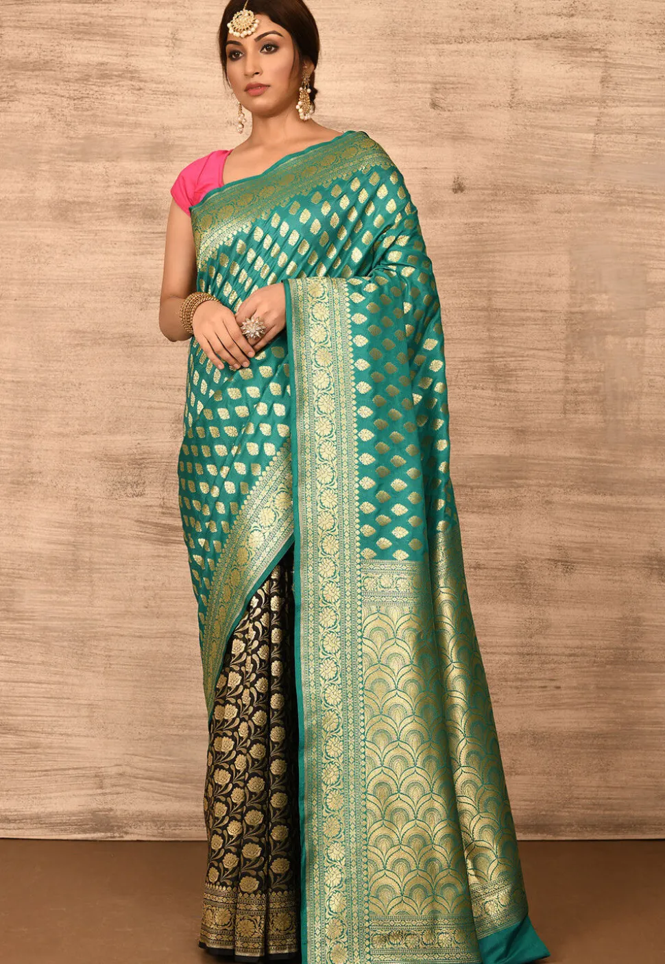 Banarasi Katan Silk Saree in Teal Green and Black