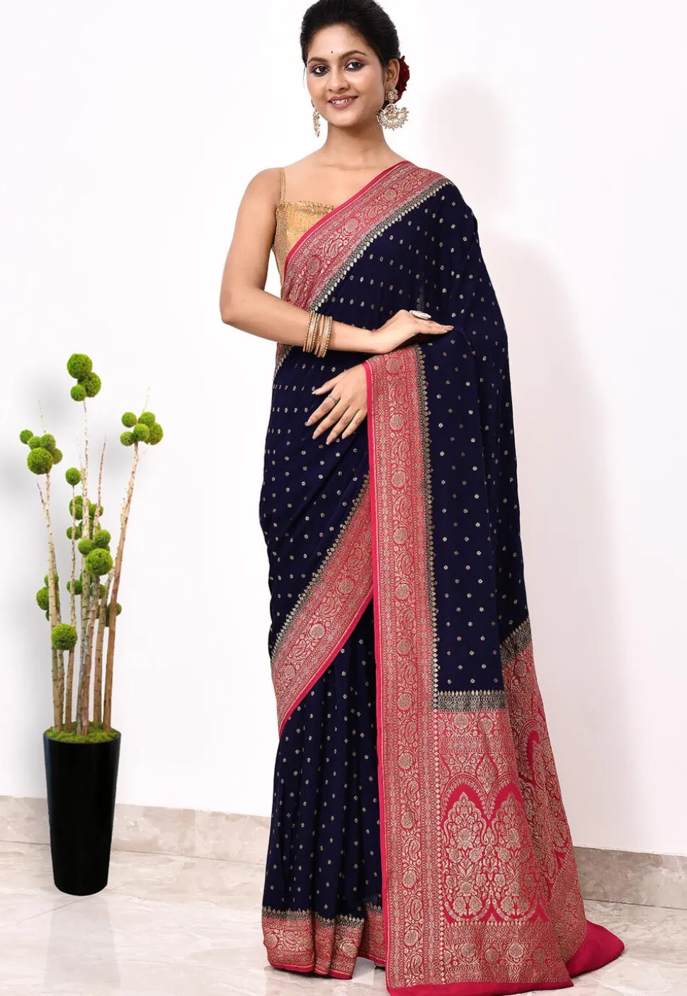 Banarasi Pure Chiffon Saree in Dark Blue