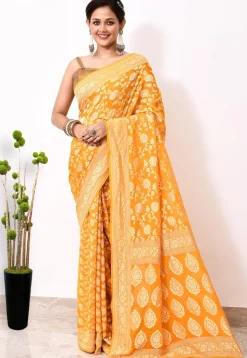 Banarasi Pure Chiffon Saree in Yellow
