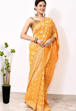 Banarasi Pure Chiffon Saree in Yellow