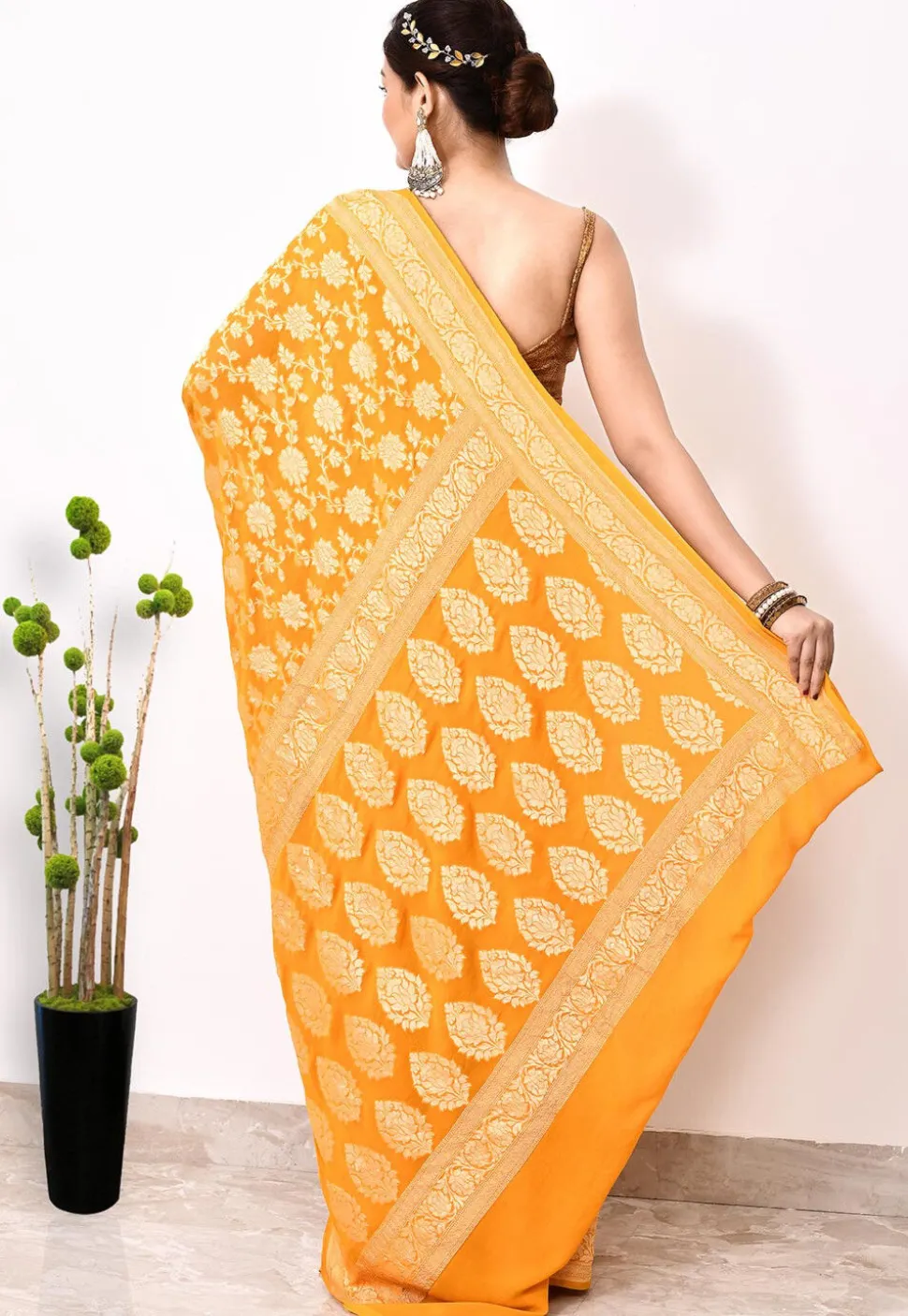 Banarasi Pure Chiffon Saree in Yellow