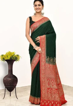 Banarasi Pure Crepe Silk Saree in Dark Green