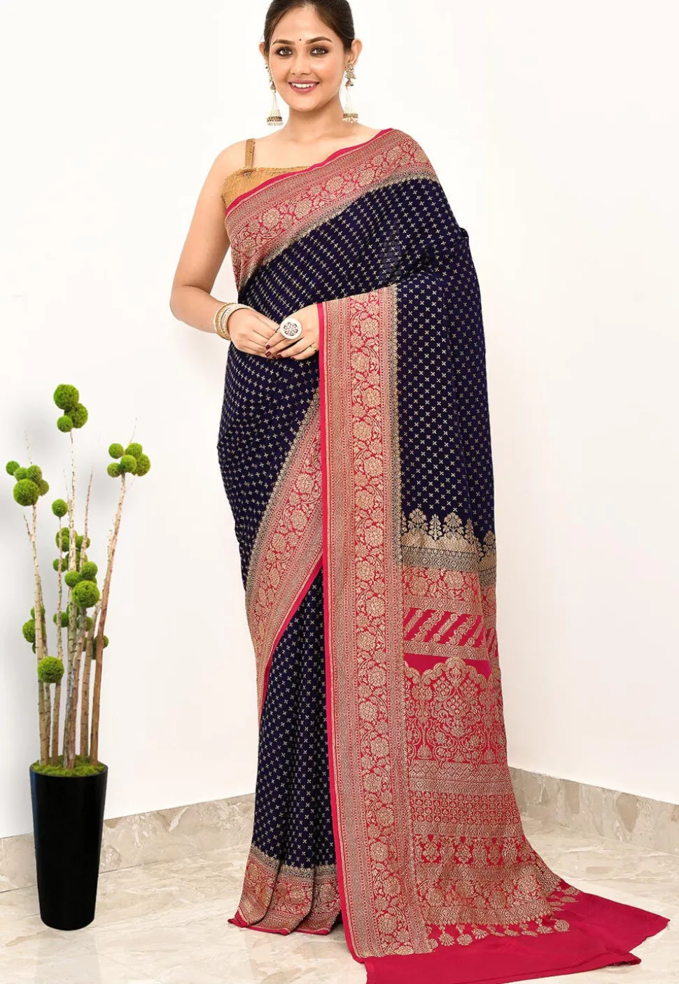 Banarasi Pure Crepe Silk Saree in Navy Blue