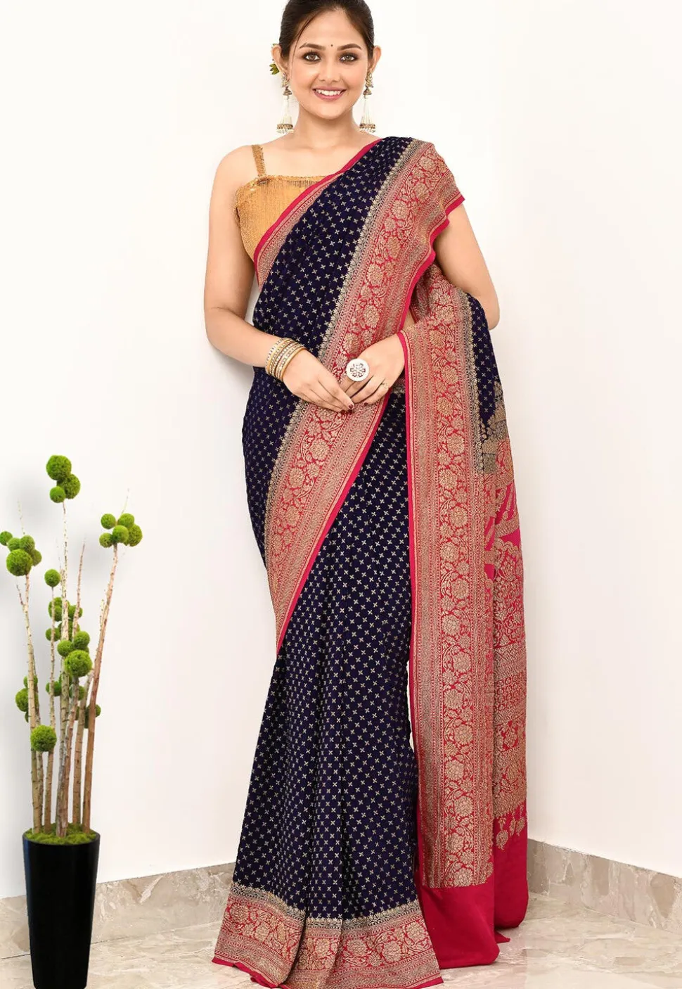 Banarasi Pure Crepe Silk Saree in Navy Blue