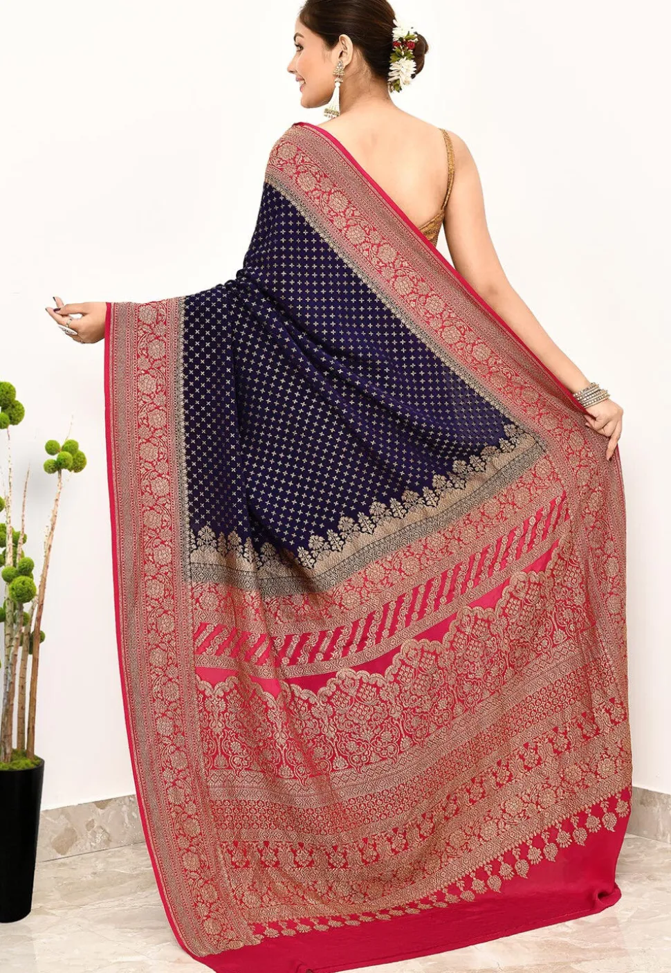 Banarasi Pure Crepe Silk Saree in Navy Blue