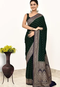 Banarasi Pure Crepe Silk Saree in Dark Green