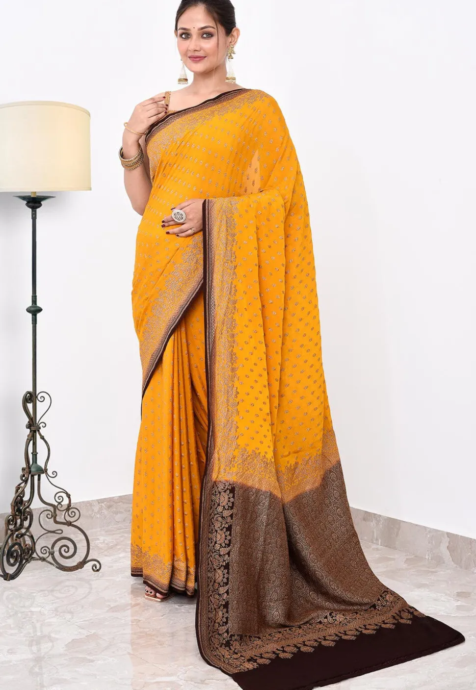Banarasi Pure Crepe Silk Saree in Yellow